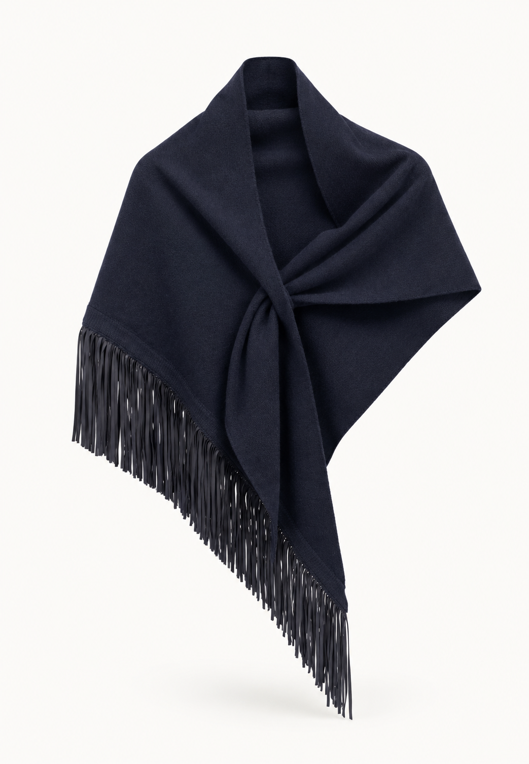 Anina Triangolo Beluga cashmere scarf with goat suede leather fringes