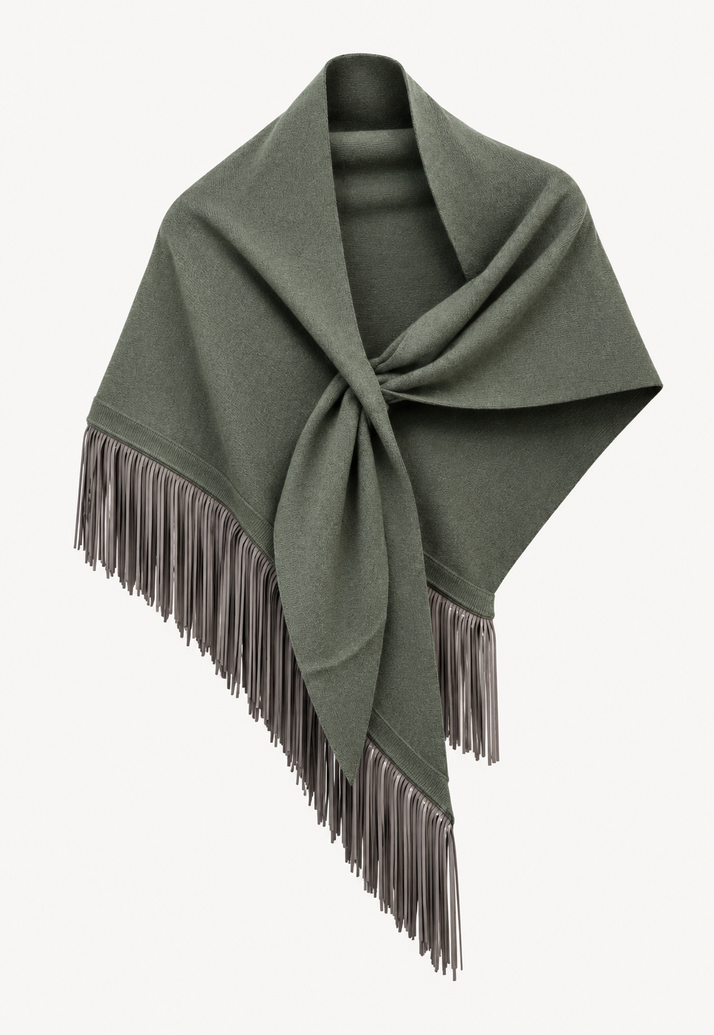 Anina Triangolo Eucalyptus cashmere scarf with goat suede leather fringes