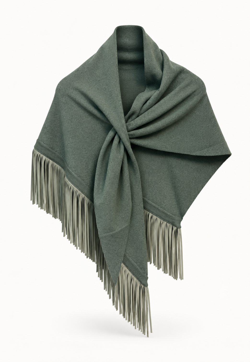 Anina Triangolo Eucalyptus cashmere scarf with sage goat suede leather fringes