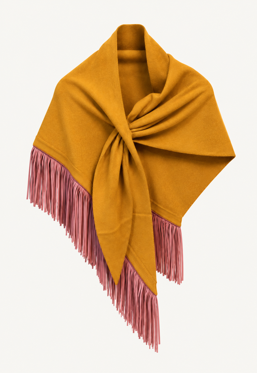 Anina Triangolo Gold cashmere scarf with goat suede leather fringes