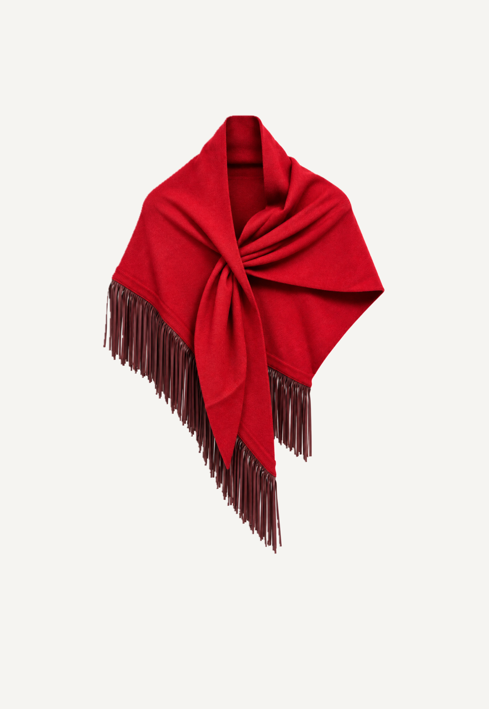 Antonia Zander Anina Triangolo La Scala – vibrant red cashmere triangle shawl with contrasting dark nappa-leather fringes, front view.