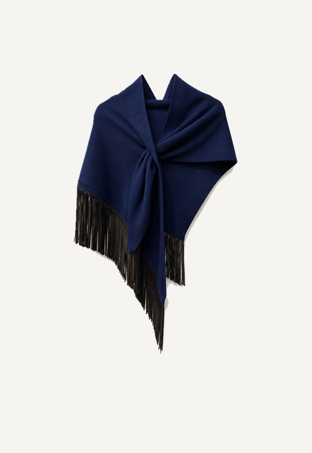 Antonia Zander Anina Triangolo Neptune No. 25 – deep-blue cashmere triangle shawl with dark goat suede-leather fringes, front view.