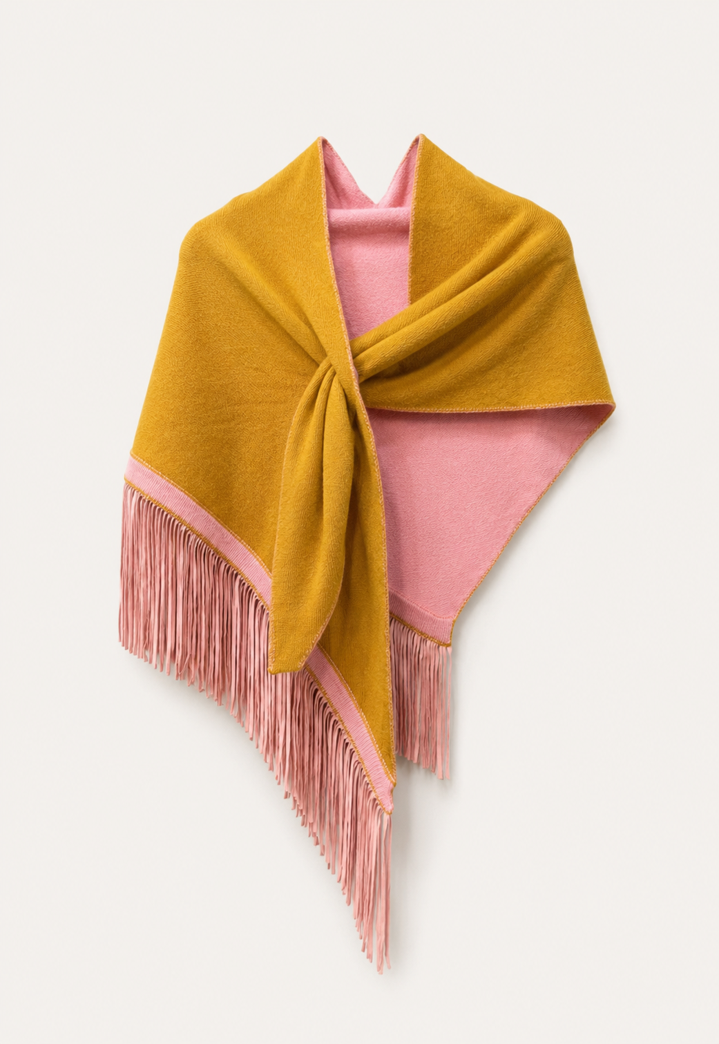 Anina Tricolore Triangolo Cashmere Scarf in Gold with pink suede fringes by Antonia Zander