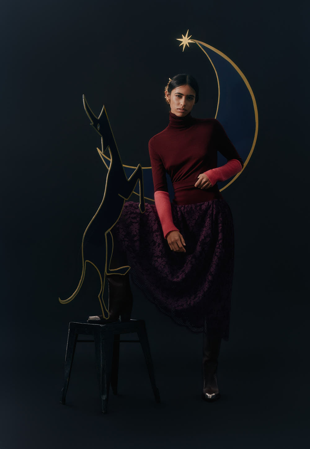 Antonia Zander Fenja Skirt in bordeaux floral lace with high rib-knit waistband.