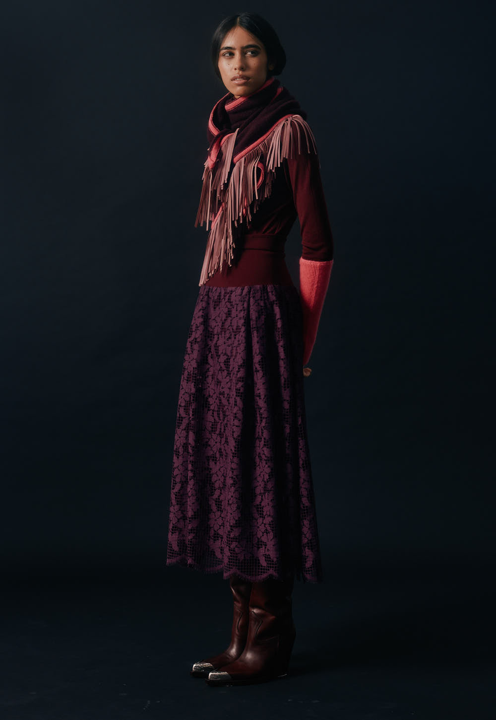 Antonia Zander Fenja Skirt in bordeaux floral lace, styled editorial view.