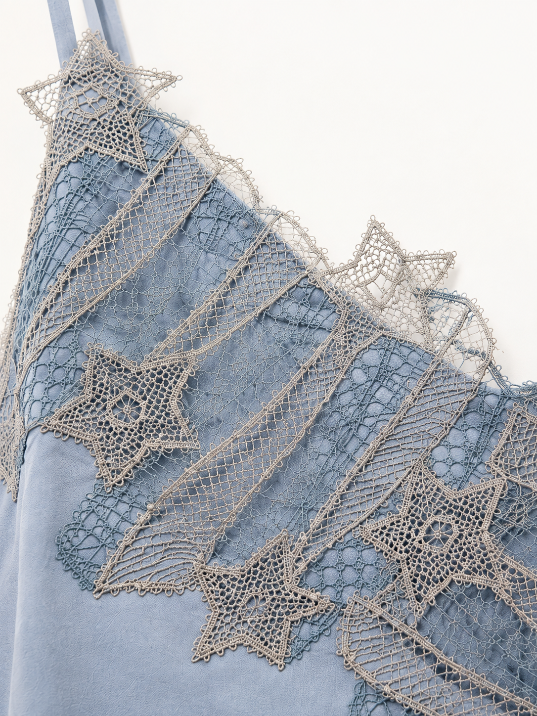 Antonia Zander Indra Top in Dusty Blue with Celestial Lace, detail view.