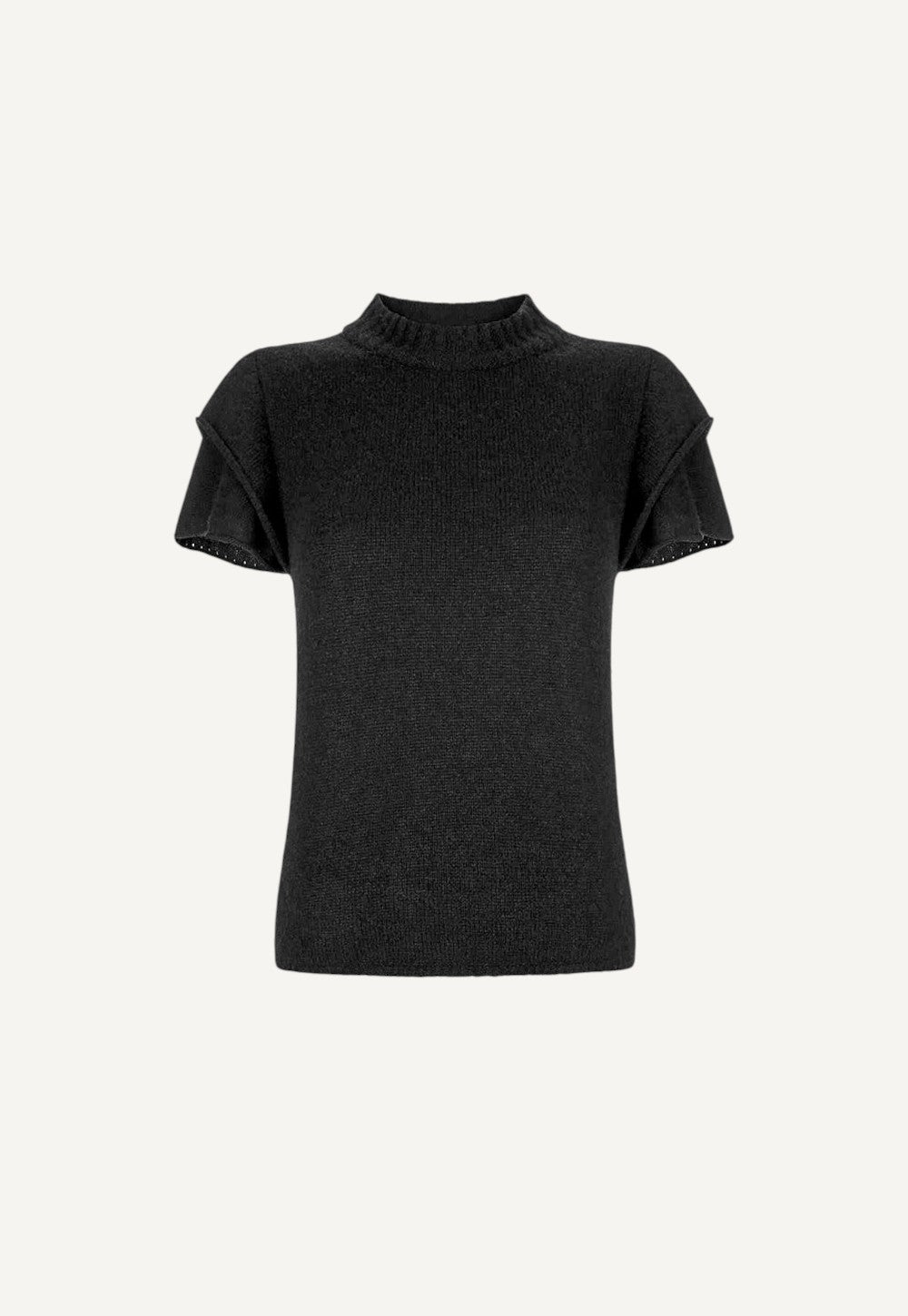 Antonia Zander Maika Top in black cashmere and silk knit, with delicate ruffled sleeves and a slim fit.