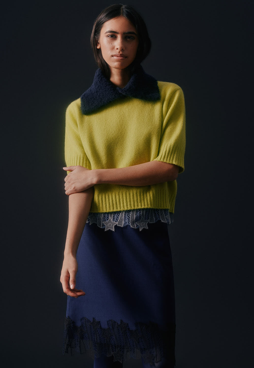 Fluffy Kiwi cashmere silk sweater styled with navy tones