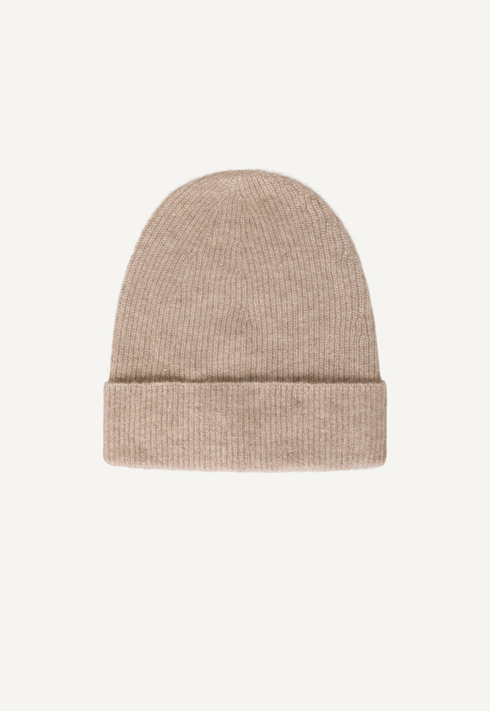 Antonia Zander Nora Beanie in beige, soft cashmere and silk knit hat with fisherman’s rib trim