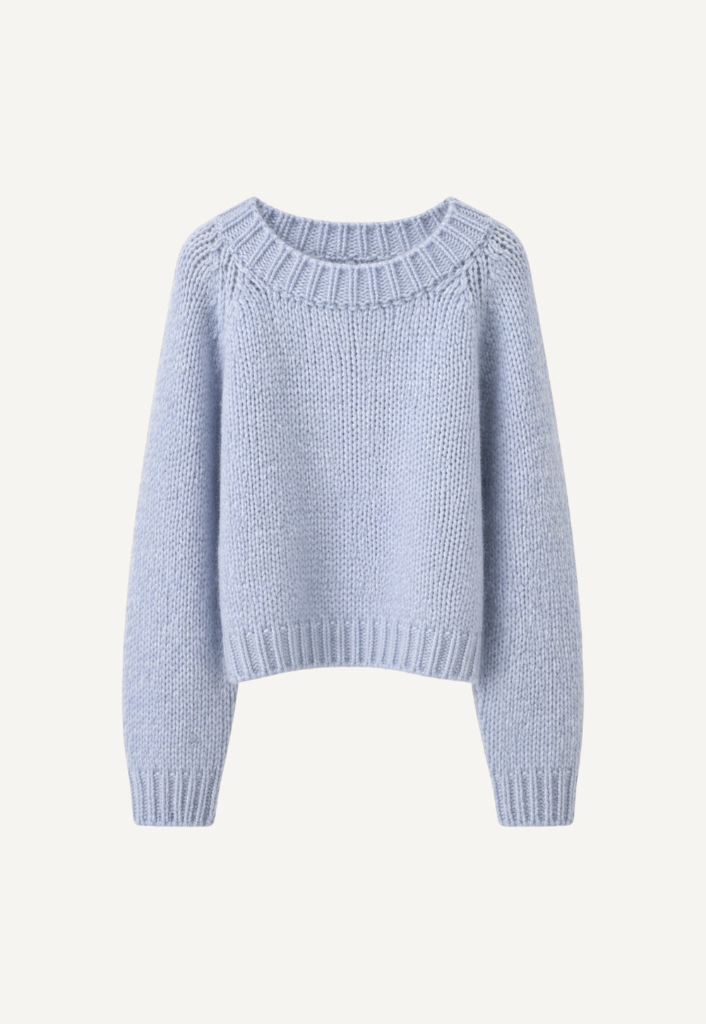 Antonia Zander Ola Sweater in light blue, a lightweight baby alpaca and silk blend knit with voluminous balloon sleeves.