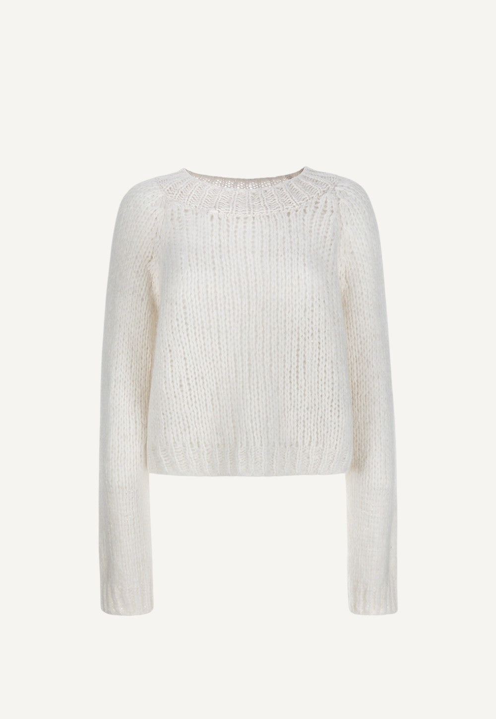 Antonia Zander Ola Sweater in white, a fluffy baby alpaca and silk blend sweater with cropped boxy fit and balloon sleeves.