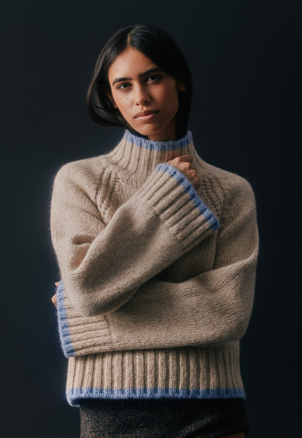 Olli Sweater by Antonia Zander – soft cashmere and mulberry silk sweater with ribbed stand-up collar and raglan knit details