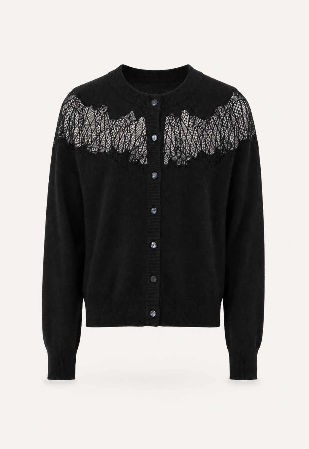 Antonia Zander Peppa Cardigan in black cashmere with lace inserts.