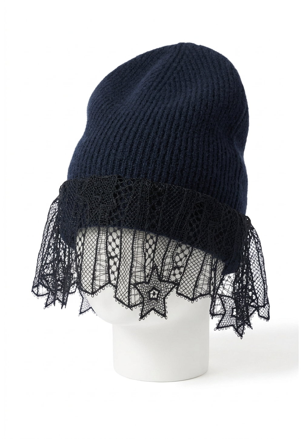 Antonia Zander Pisa Beanie Lace in navy ribbed cashmere with delicate black lace veil, front product view