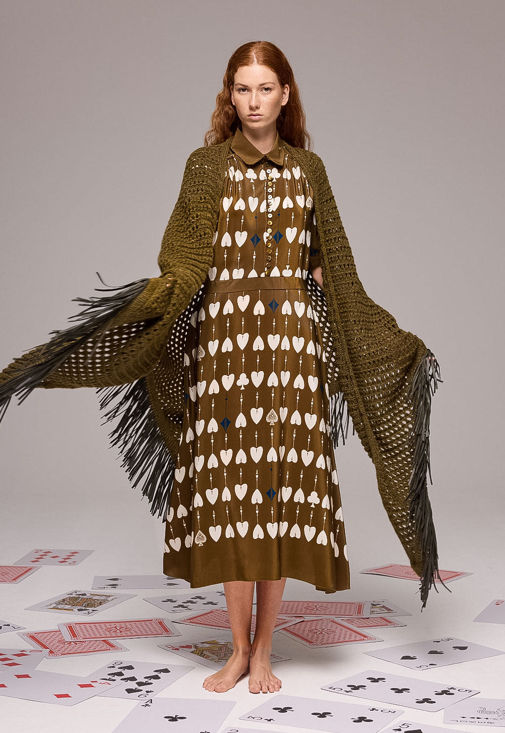 Pula Stola in baby alpaca blend with openwork knit and goat leather fringes by Antonia Zander.