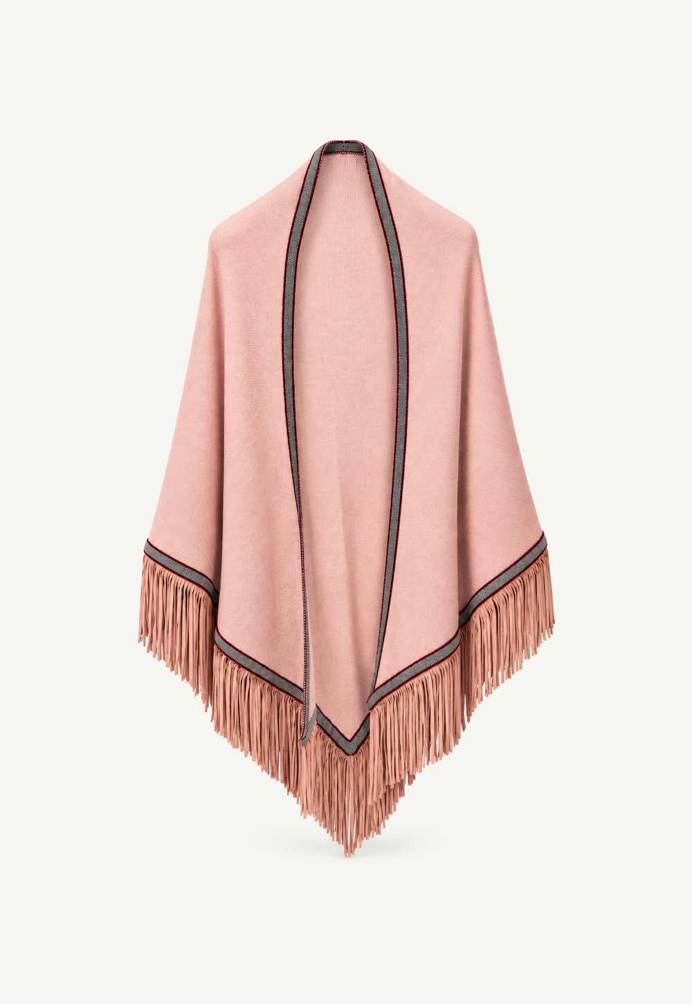 Antonia Zander Triangolo Camoscio – Cashmere triangle shawl in Antico with contrasting edging and goat suede leather fringe.