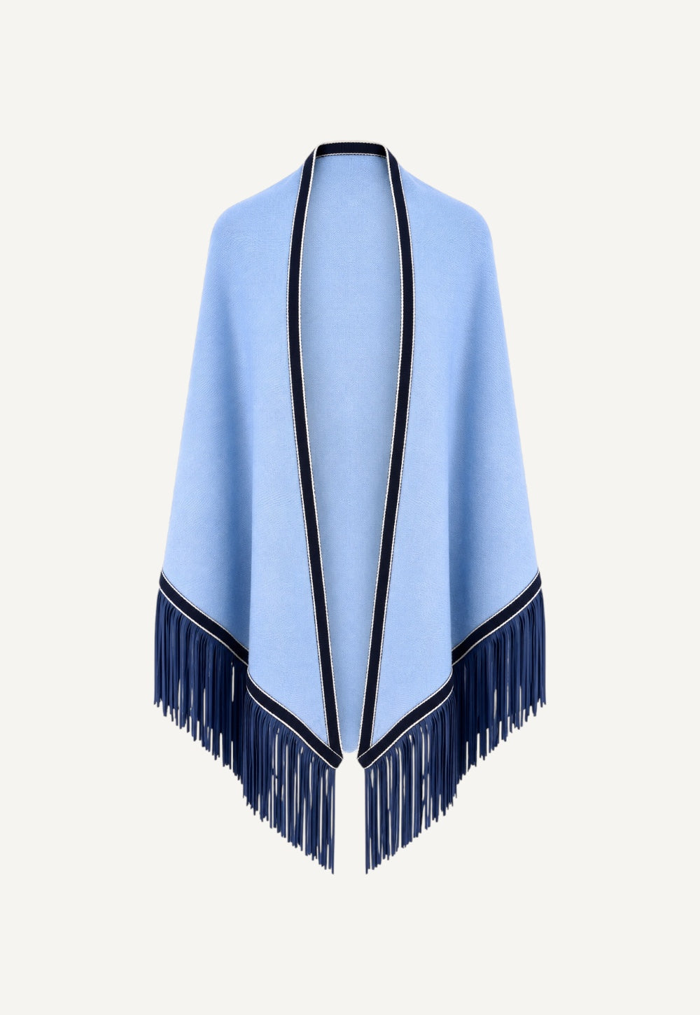 Antonia Zander Triangolo Camoscio Lisbona No. 720, sky-blue cashmere triangle scarf with contrasting navy trim and goat nappa leather fringes.