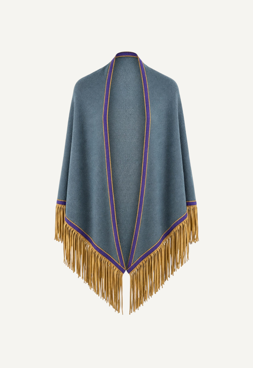 Antonia Zander Triangolo Camoscio – Cashmere triangle scarf in Norfolk with contrasting trim and goat suede leather fringe.