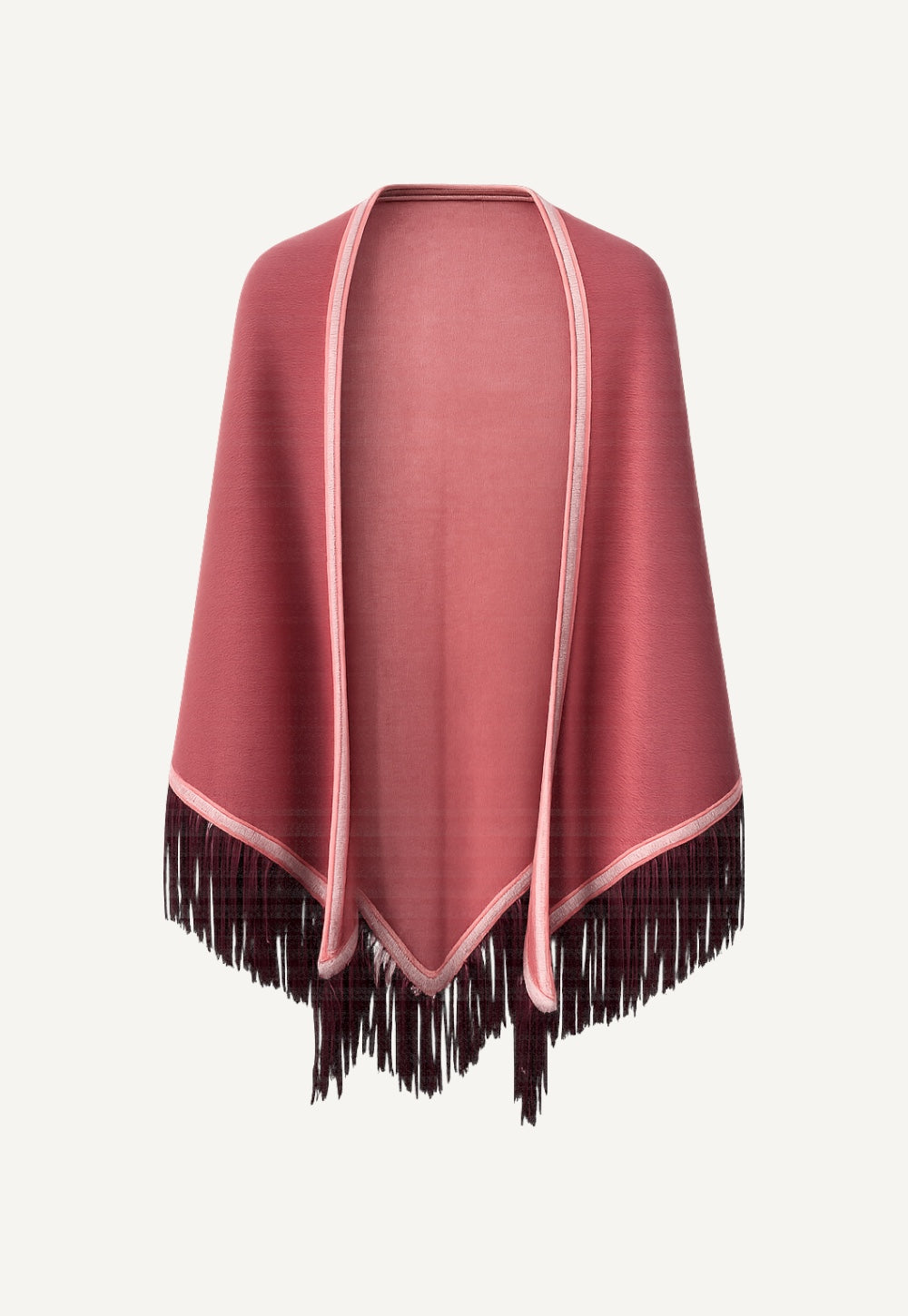 Antonia Zander Triangolo Camoscio Rosewood cashmere triangle scarf with goat nappa leather fringes
