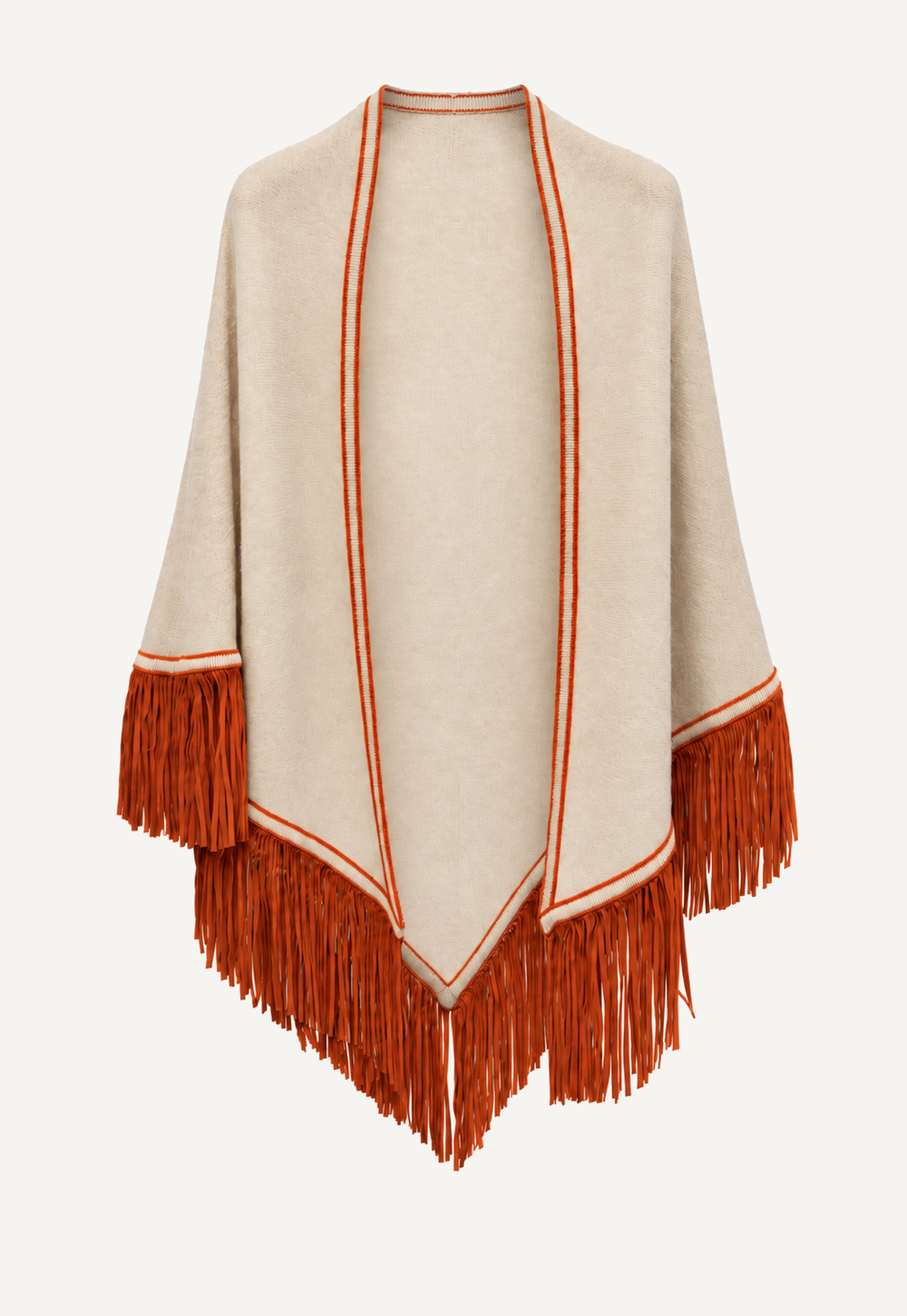 Antonia Zander Triangolo Camoscio Sphinx No. 756, triangular cashmere scarf with goat suede leather fringes.