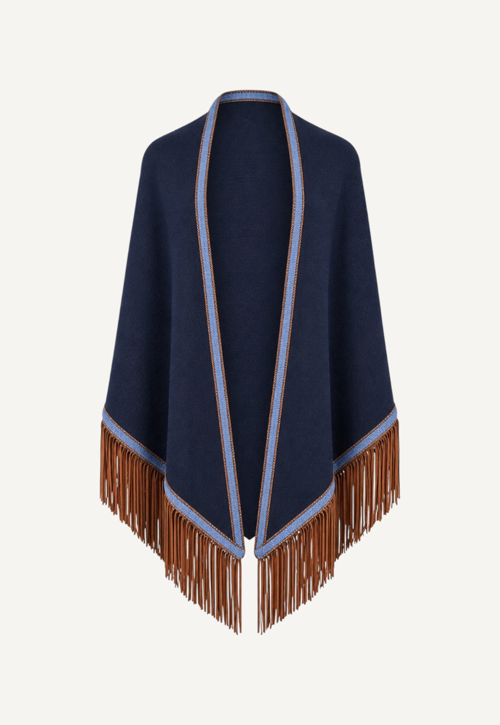 Triangolo wrap in navy cashmere with sky-blue trim and hand-applied leather fringes by Antonia Zander.