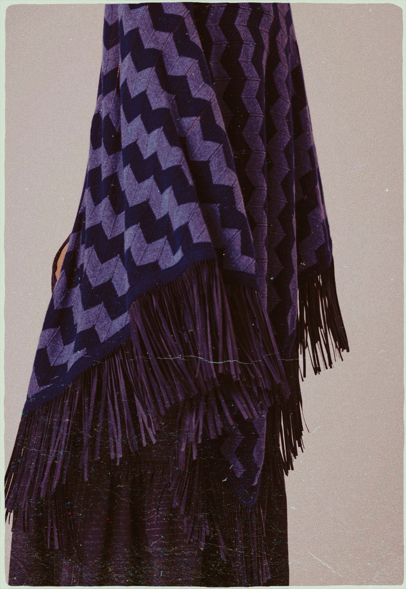 Cashmere triangle scarf with leather fringe in navy zigzag pattern, handcrafted in Italy by Antonia Zander