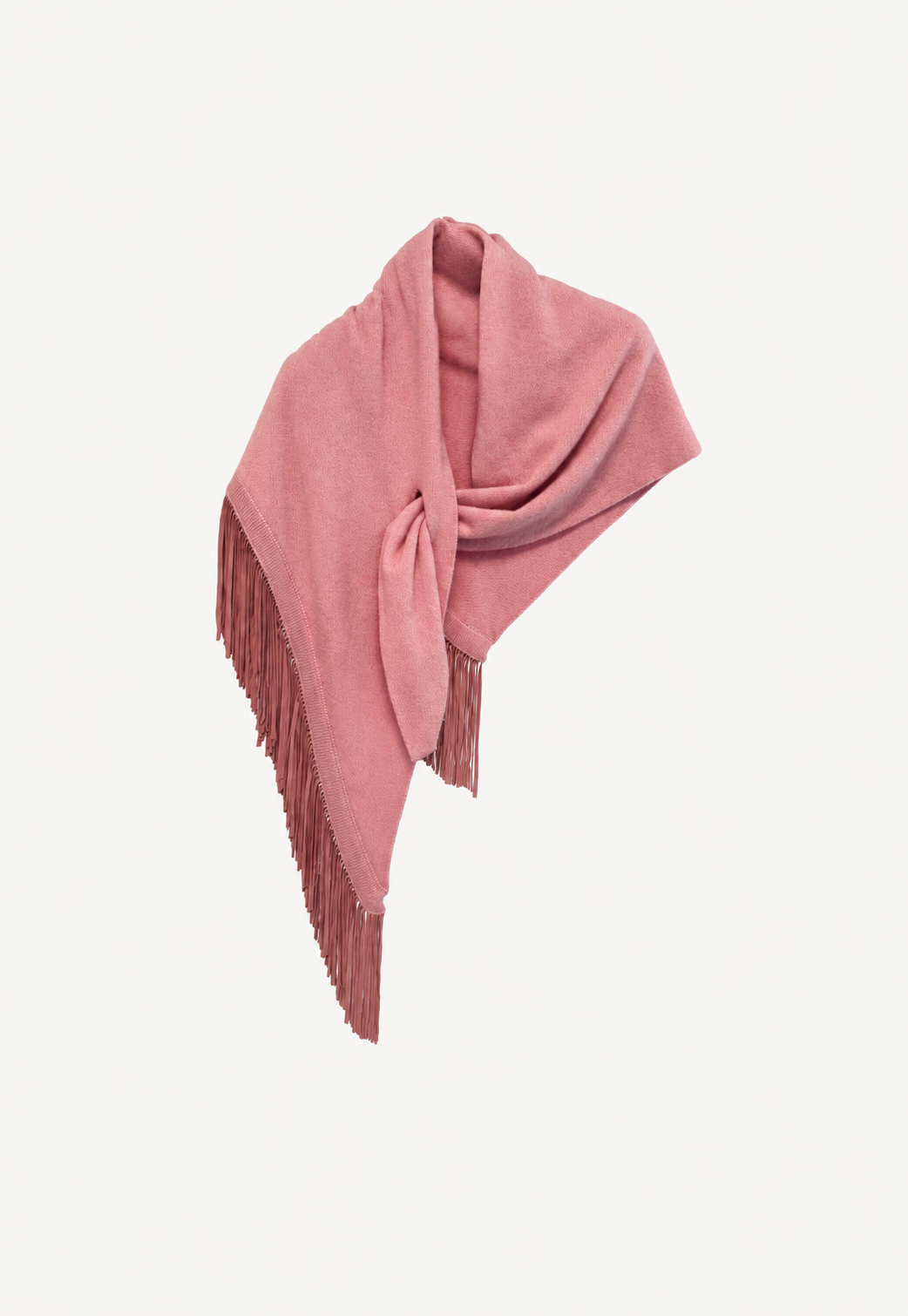 Antonia Zander Anina Triangolo Body No. 38 – Cashmere-Dreieckstuch mit altrosafarbenen Fransen aus Ziegenveloursleder auf hellem Hintergrund.