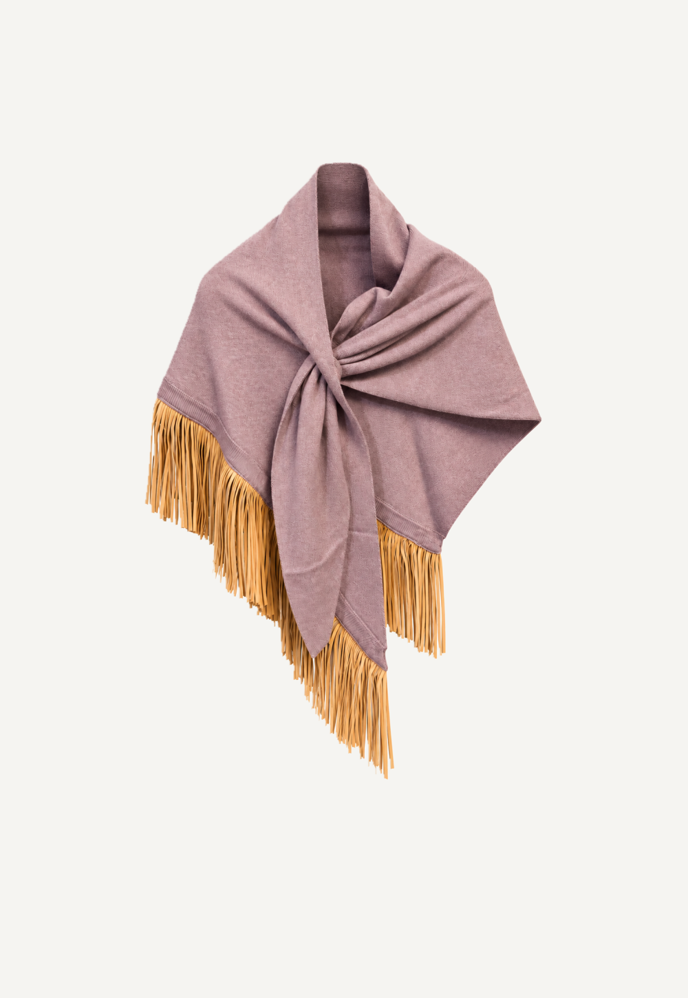 Antonia Zander Anina Triangolo Ash Pink – dusty pink cashmere triangle shawl with golden leather fringes, front view.