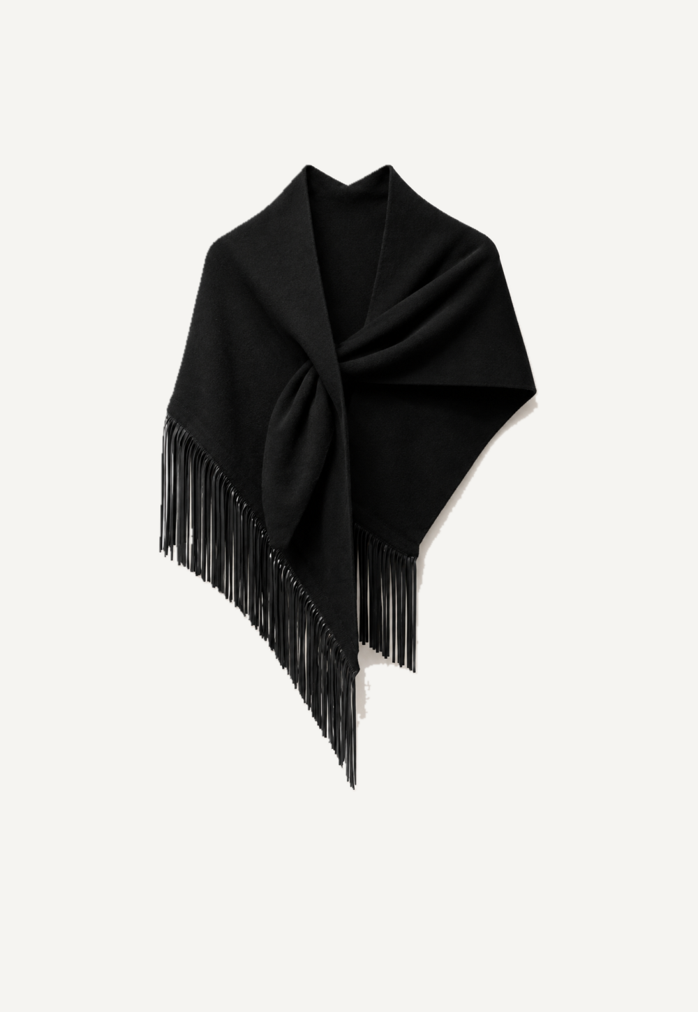 Antonia Zander Anina Triangolo Black No. 30 – black cashmere triangle shawl with black nappa-leather fringes, front view.