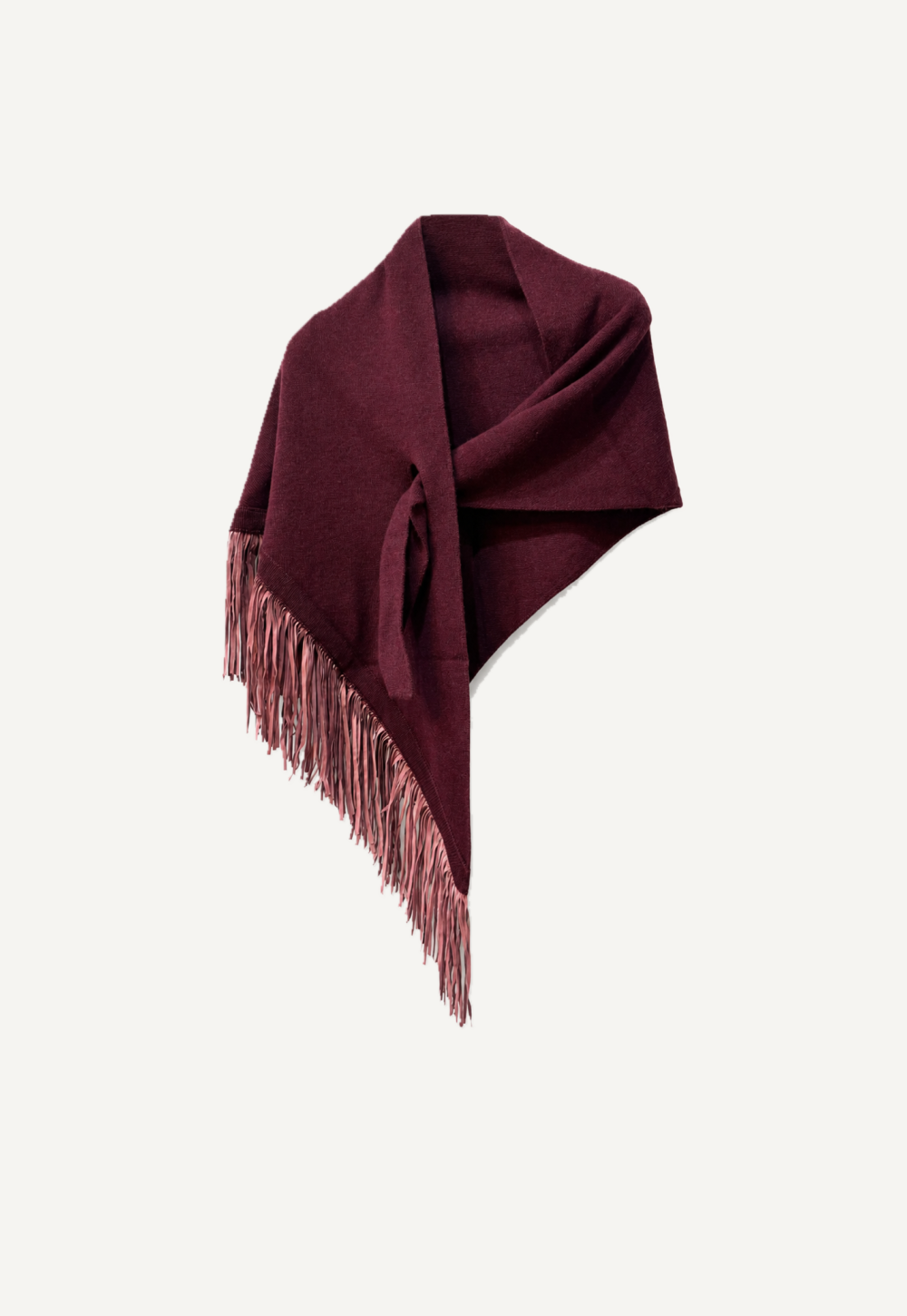 Antonia Zander Anina Triangolo Lava – burgundy cashmere triangle shawl with tonal suede-leather fringes, front view.