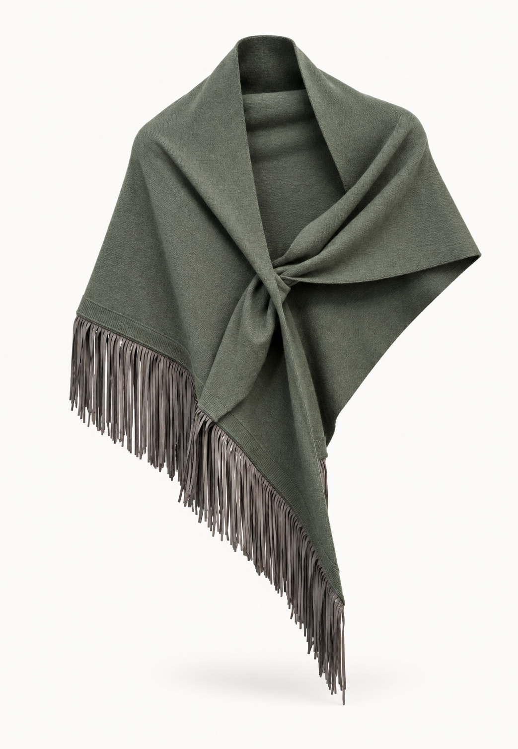 Anina Triangolo Eucalyptus cashmere scarf with goat suede leather fringes