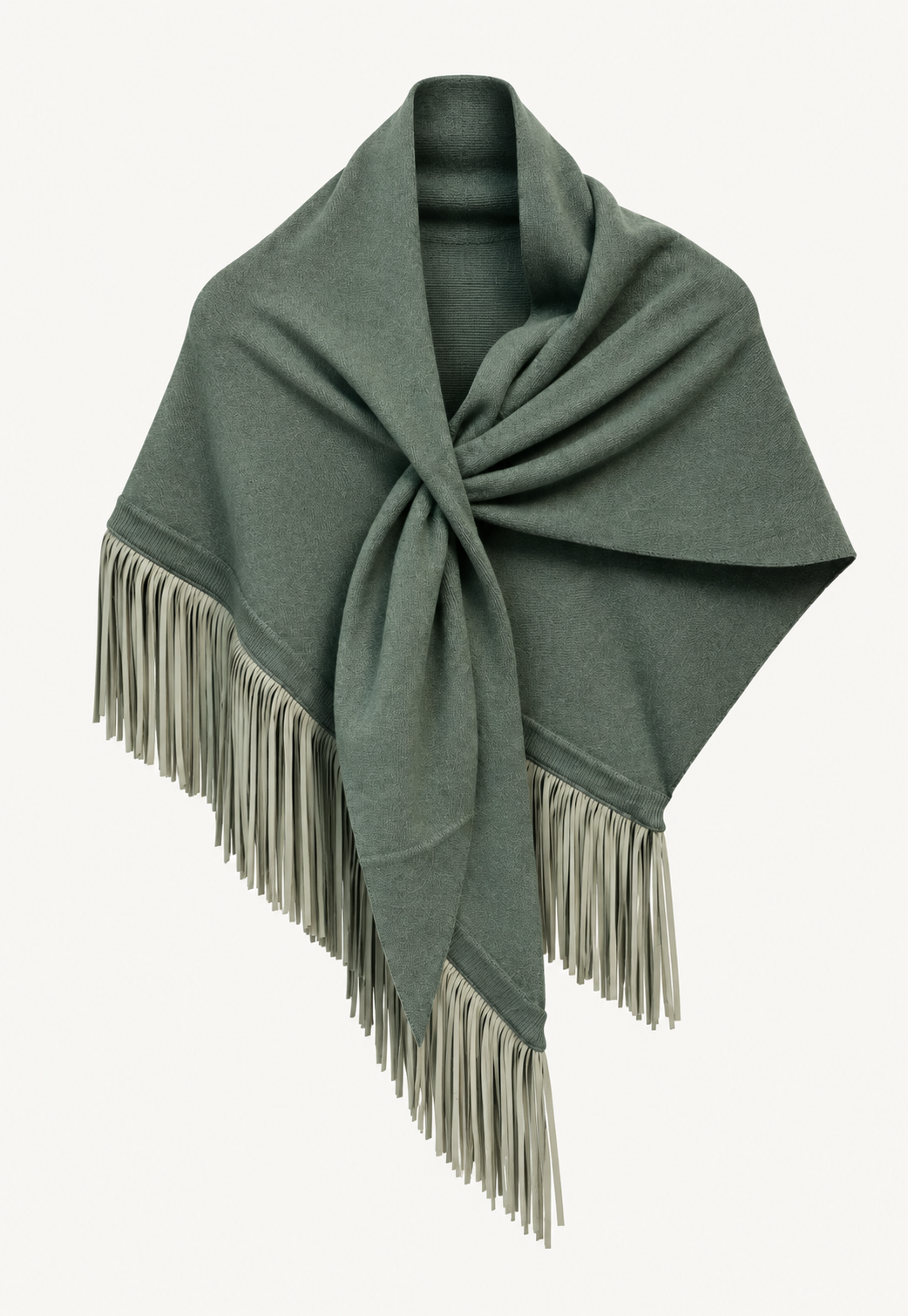 Anina Triangolo Eucalyptus cashmere scarf with sage goat suede leather fringes