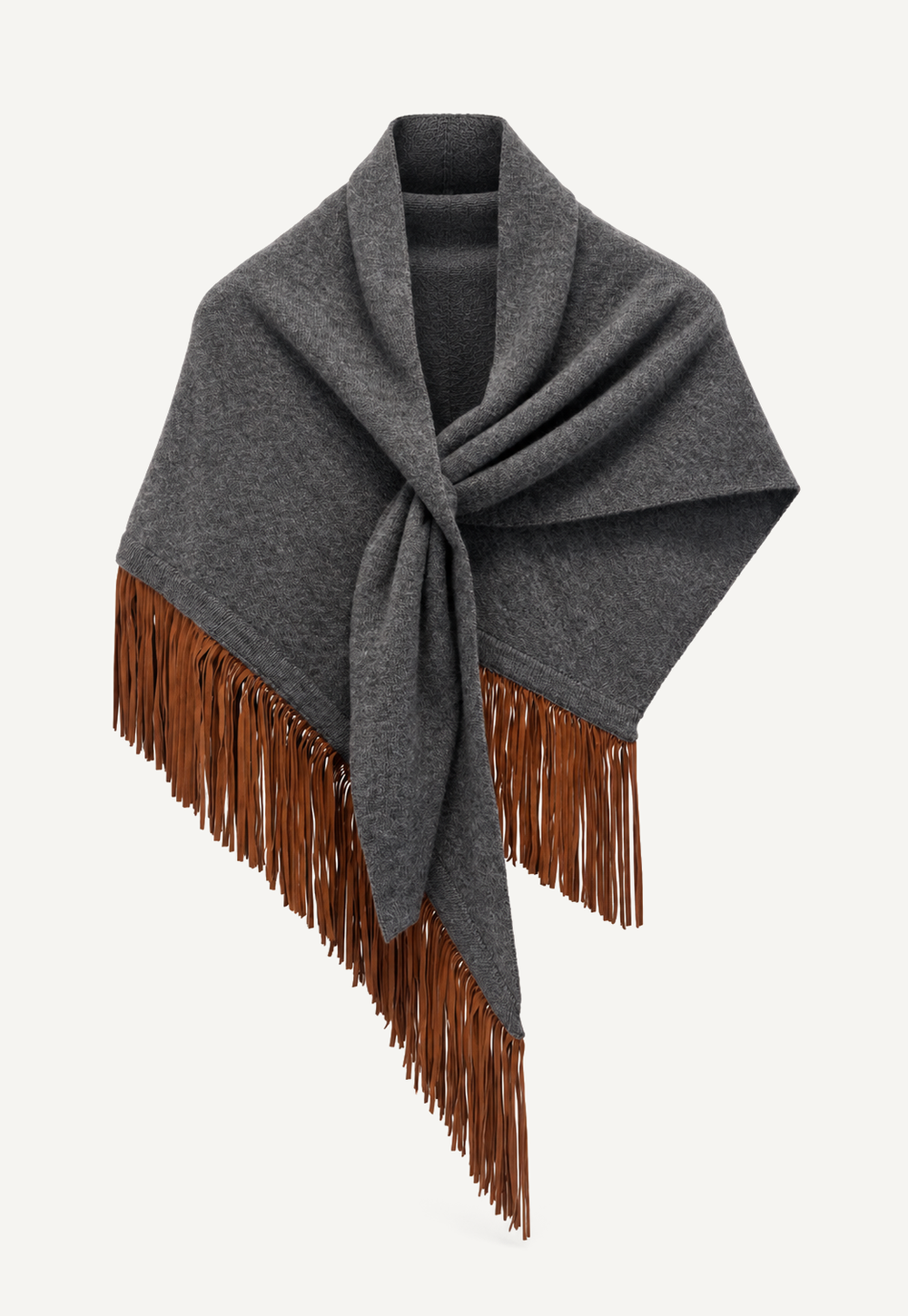 Anina Triangolo Granit – grey cashmere triangle scarf with leather fringes by Antonia Zander