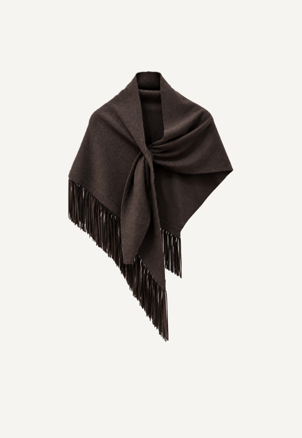 Antonia Zander Anina Triangolo Peat – dark brown cashmere triangle shawl with nappa-leather fringes, front view.