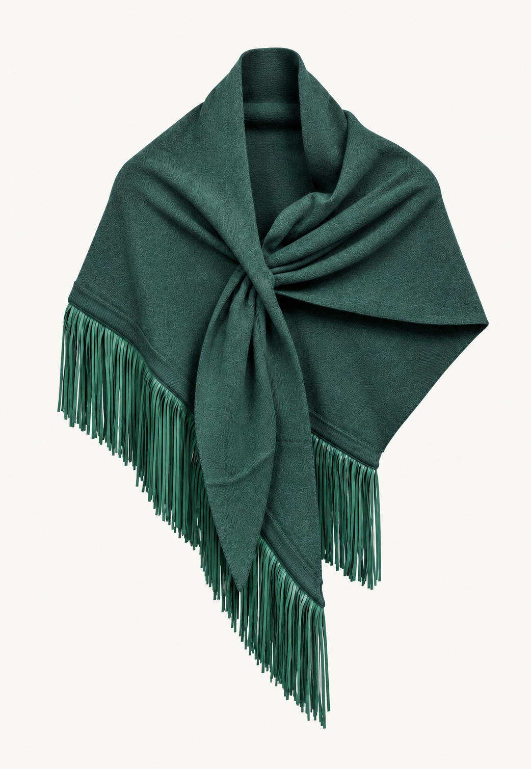 Antonia Zander Anina Triangolo Spruce, triangular cashmere scarf with fine goat nappa leather fringes.