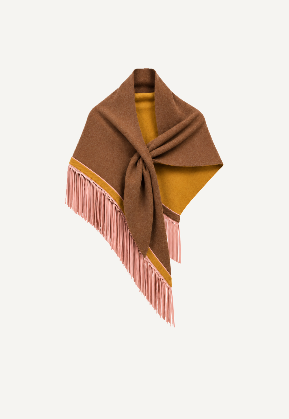 Antonia Zander Anina Tricolore Triangolo Castagno – brown and golden cashmere triangle shawl with contrasting pink leather fringes, front view.