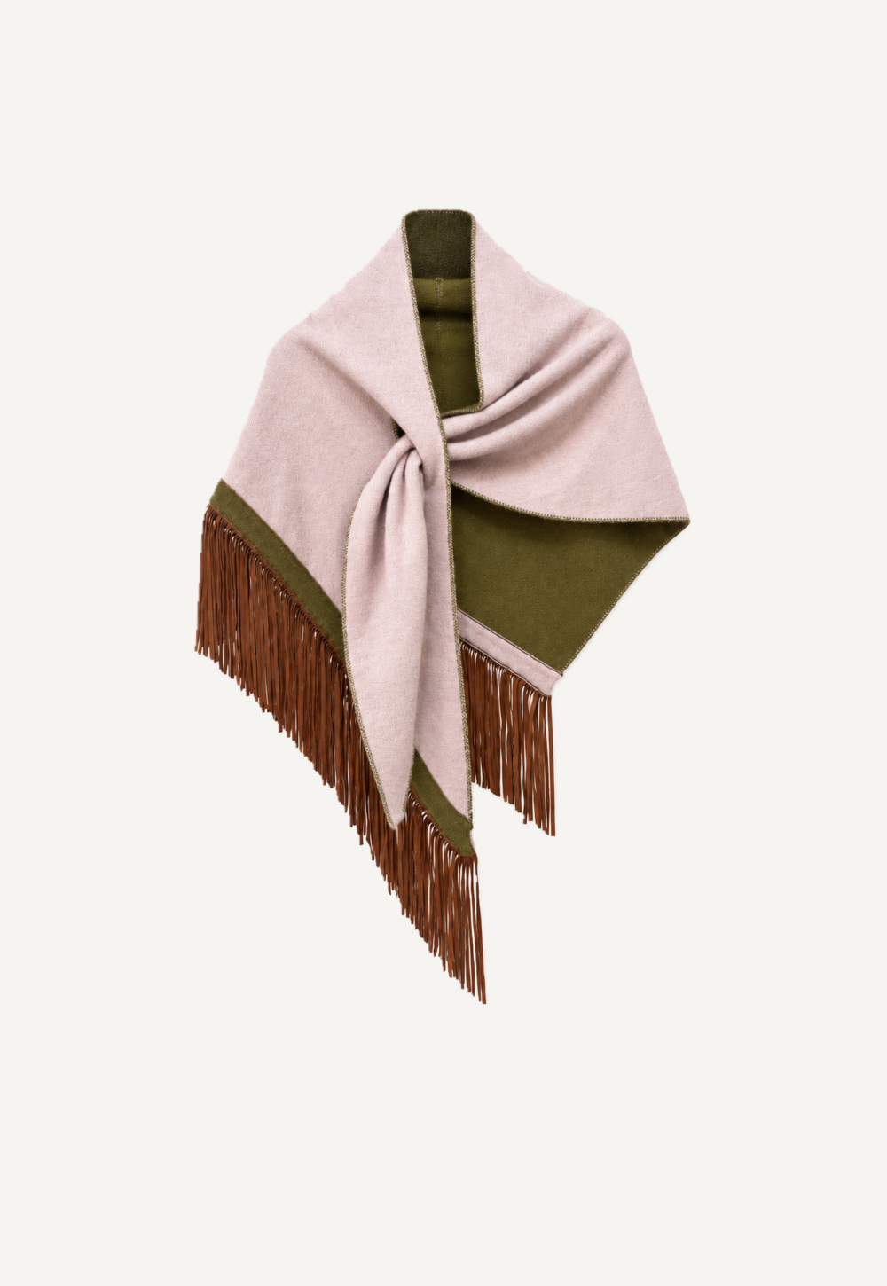 Antonia Zander Anina Tricolore Triangolo Rose – blush pink and olive cashmere triangle shawl with brown suede-leather fringes, front view.