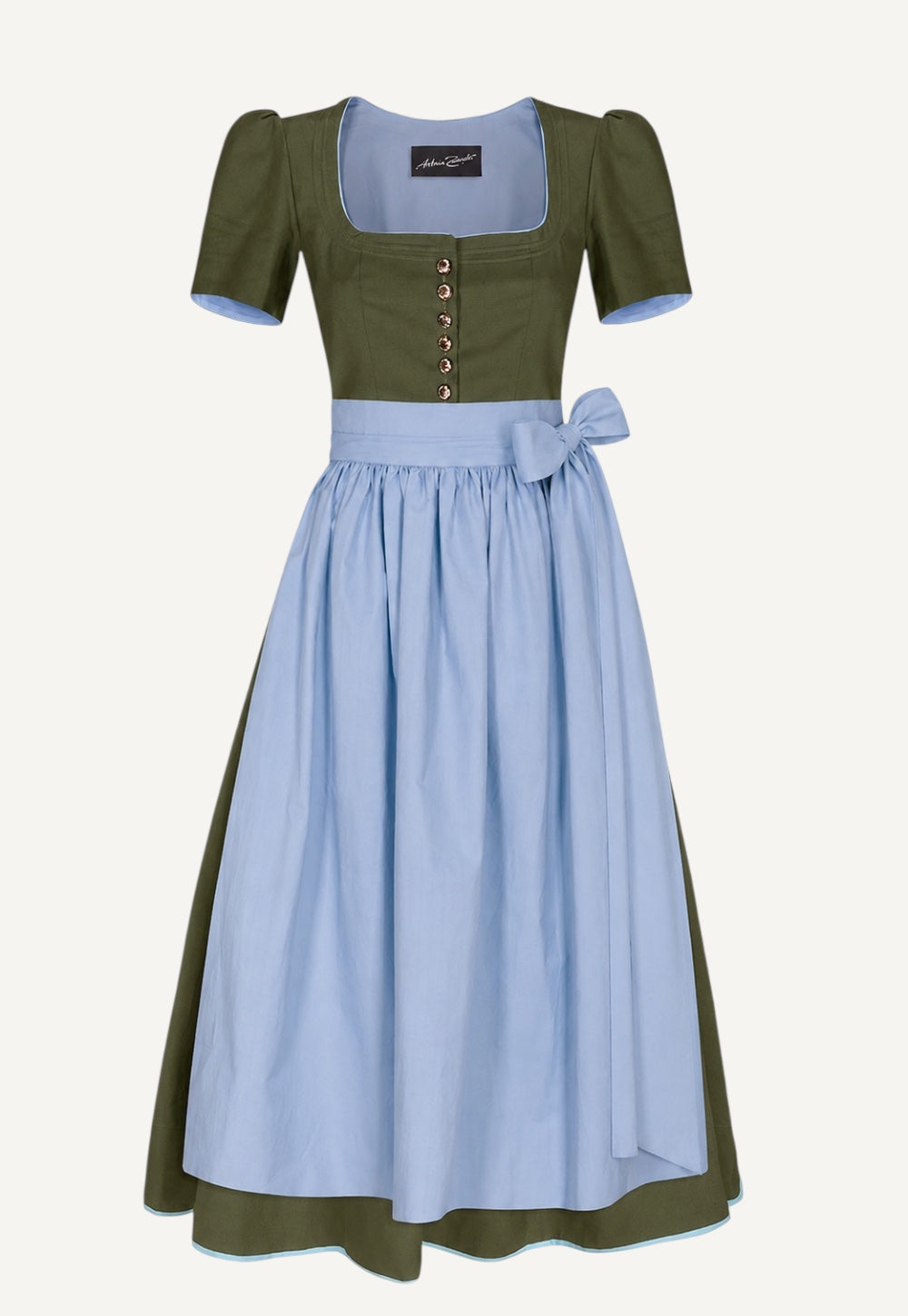 Antonia Zander Judith Dirndl in Piqué Salvia with decorative buttons, a light blue apron and a fitted silhouette.
