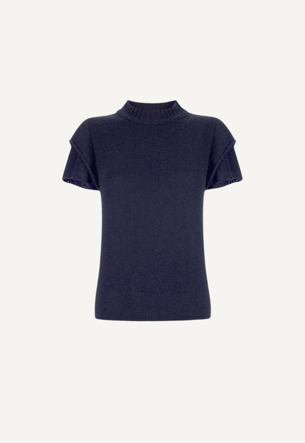 Antonia Zander Maika Top in navy cashmere and silk knit with a slim silhouette, turtleneck and short double ruffle sleeves.