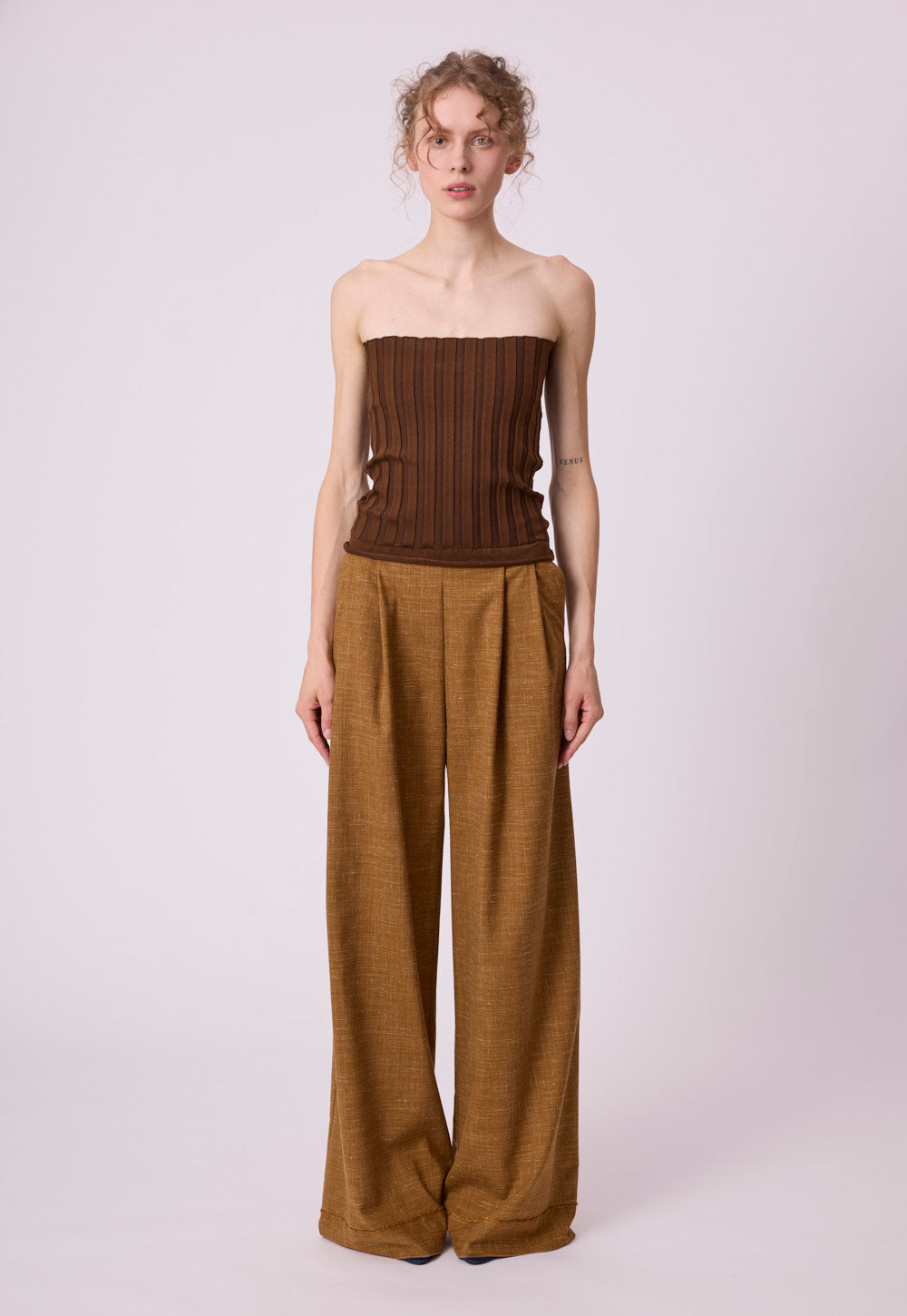 Antonia Zander Marina Jumpsuit in cognac, styled view.