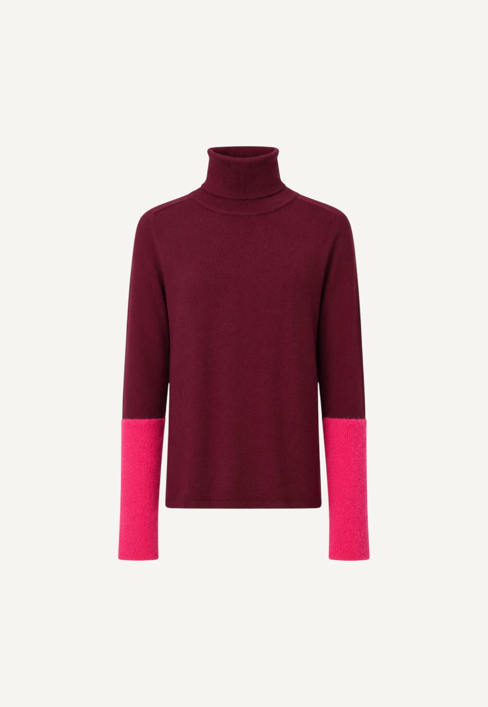 Antonia Zander Nuba Sweater Dolcevita in Bordeaux, fine merino wool turtleneck with long contrasting pink cashmere and silk cuffs.