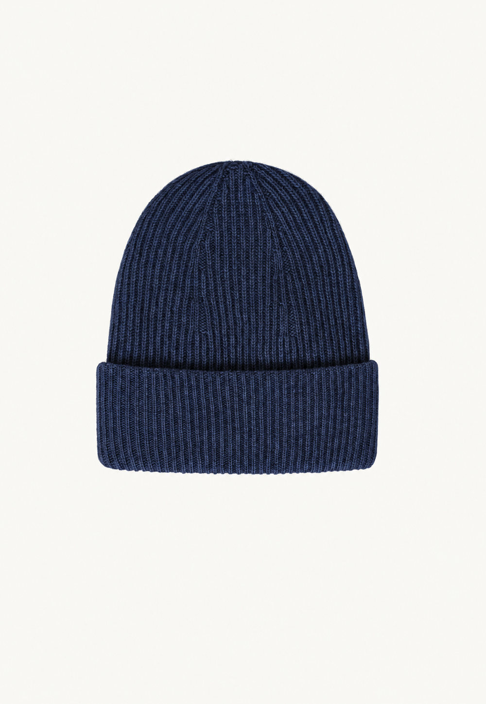 Antonia Zander Pisa Beanie in Navy, a double-layered cashmere hat in fisherman’s rib