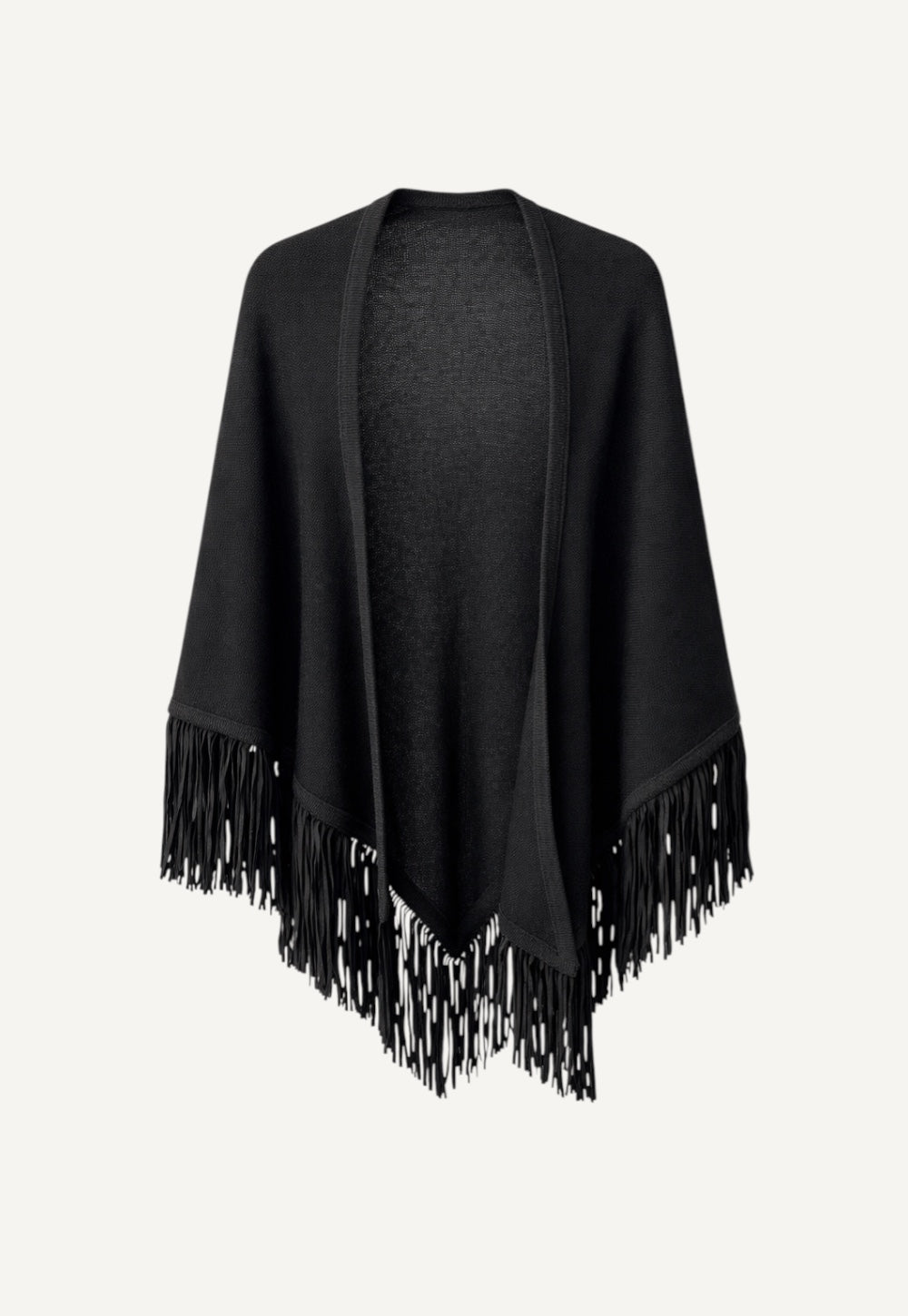 Cashmere triangle scarf in black with tonal trim and suede fringes