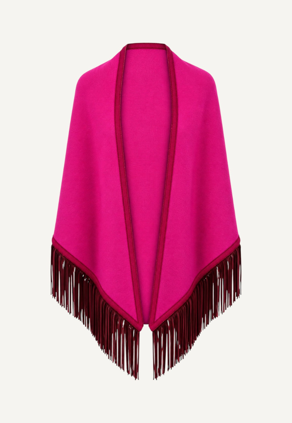Antonia Zander Triangolo Camoscio Fandango No. 704, pink cashmere triangle scarf with bordeaux trim and goat nappa leather fringes.