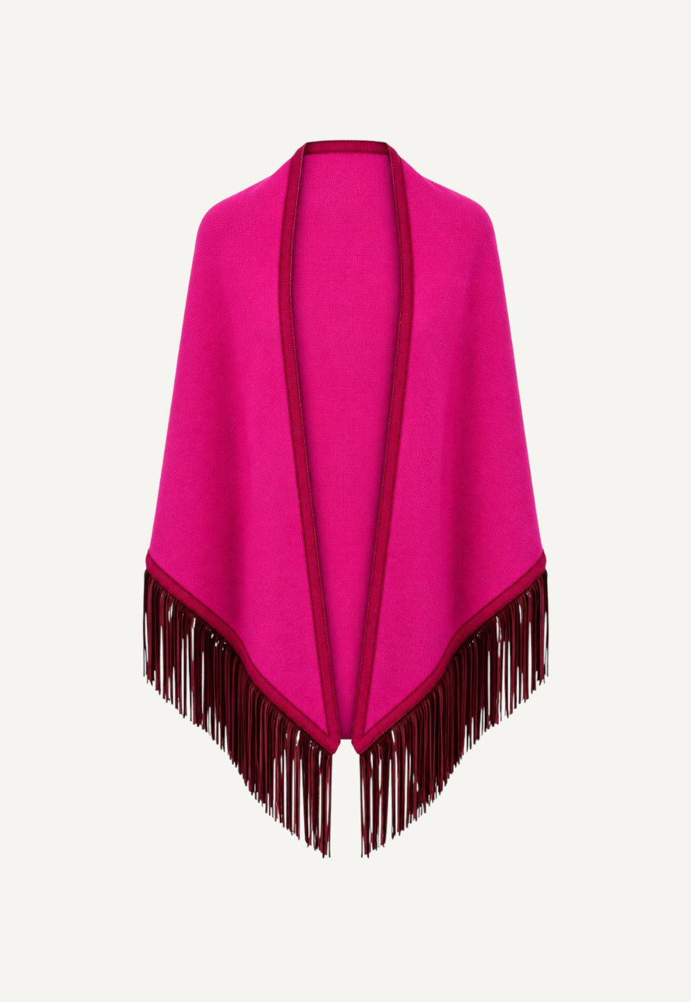 Antonia Zander Triangolo Camoscio – Pink cashmere triangle shawl in Fandango No. 704 with bordeaux trim and goat nappa leather fringe.