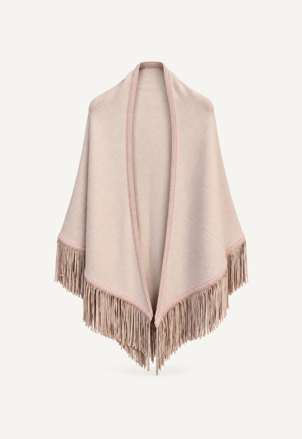 Antonia Zander Triangolo Camoscio – Cashmere triangle shawl in Haiku with contrasting trim and goat suede leather fringe.