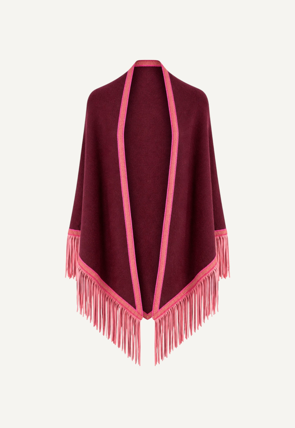 Antonia Zander Triangolo Camoscio – Cashmere triangle scarf in Lava with contrasting edging and leather fringe.