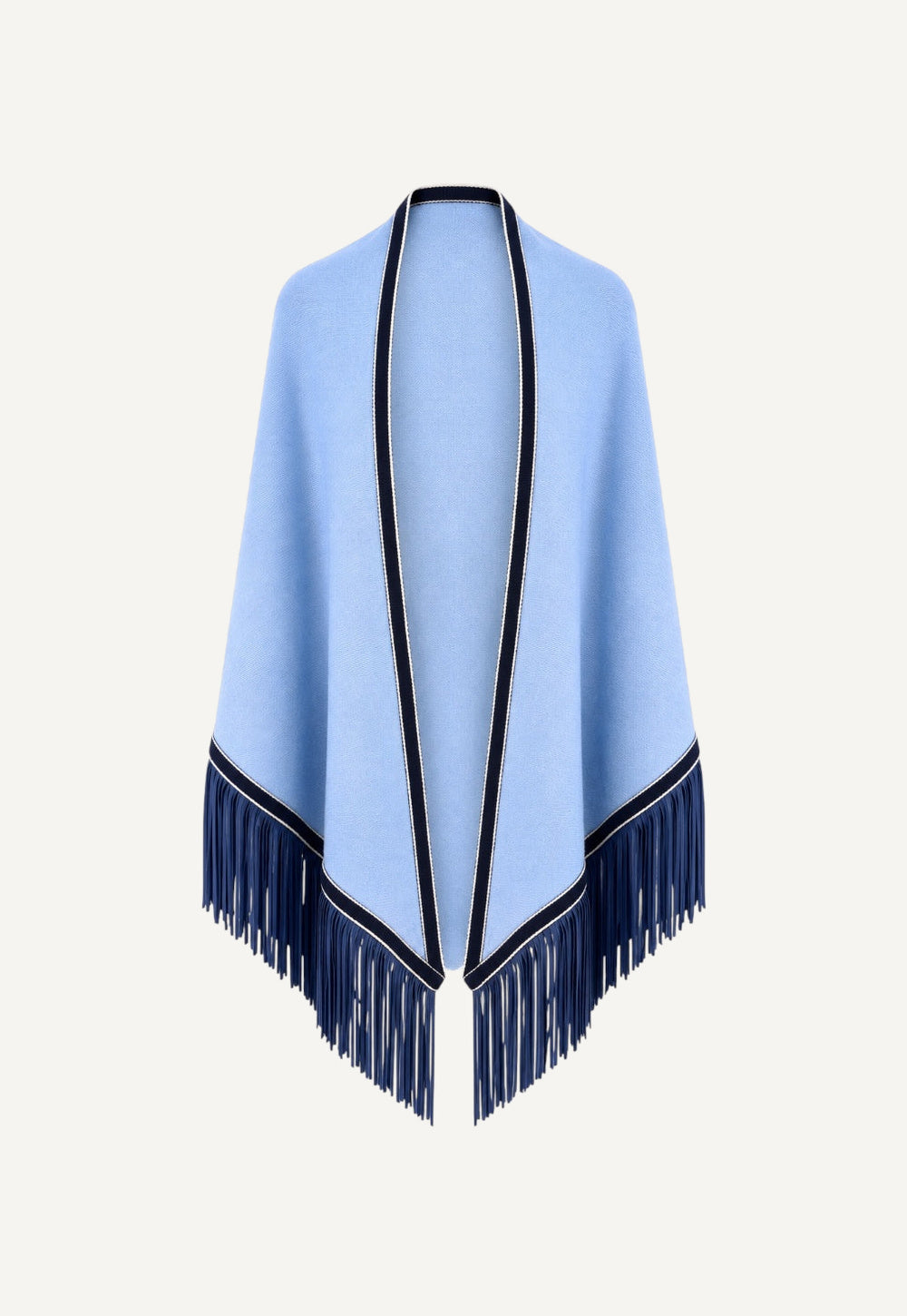 Antonia Zander Triangolo Camoscio – Sky-blue cashmere triangle shawl in Lisbona No. 720 with navy trim and goat nappa leather fringe.