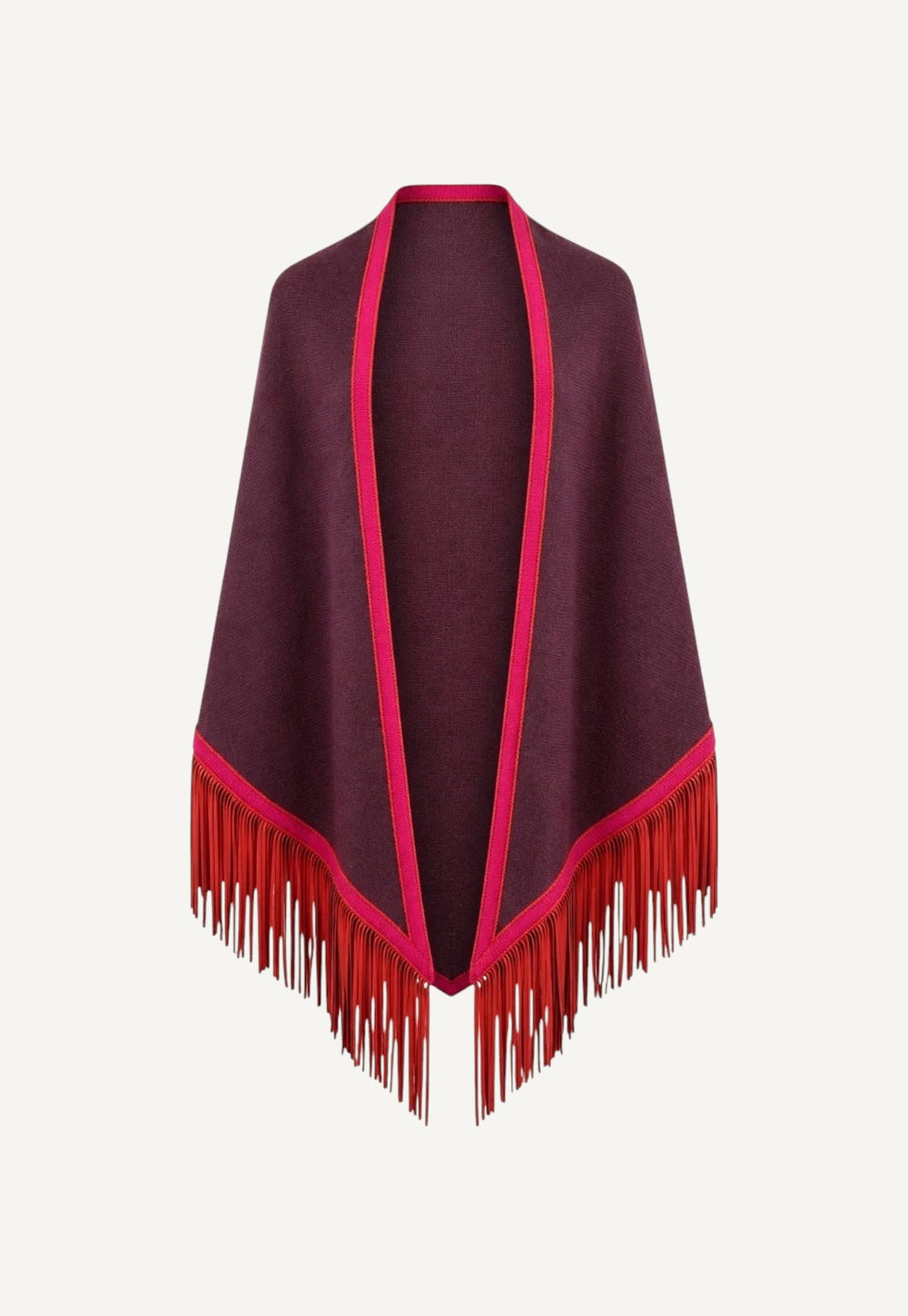 Antonia Zander Triangolo Camoscio – Burgundy cashmere triangle scarf in Ottoman with contrasting trim and goat nappa leather fringe.