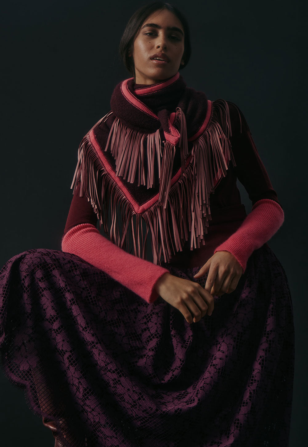 Antonia Zander Triangolo Camoscio Shiraz cashmere wrap with leather fringes